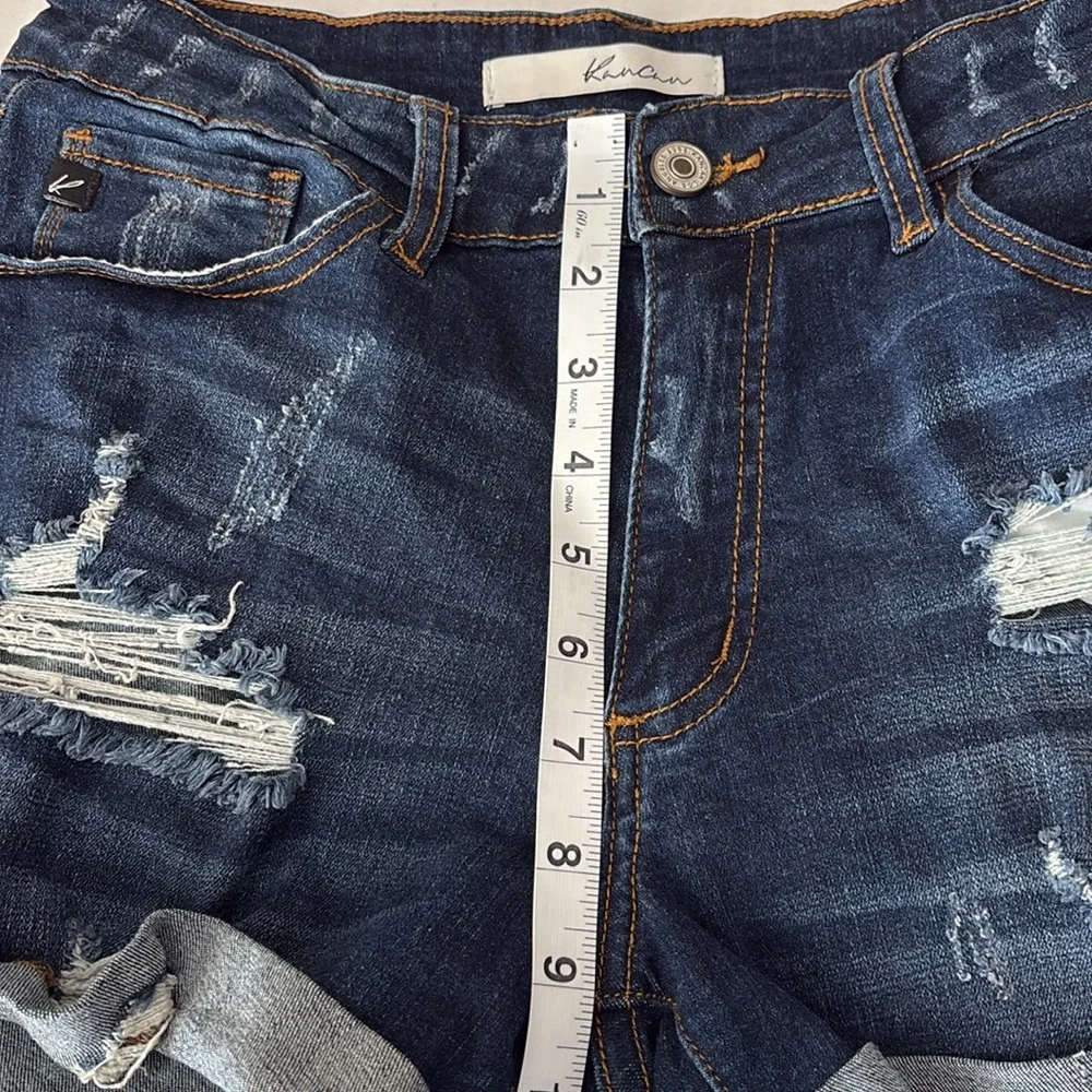 KanCan Los Angeles distressed Jean shorts, darker wash, distress front/back, 28